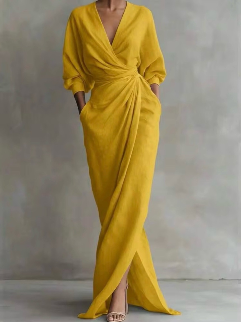 SHEIN Yellow Wrap-Front Maxi Dress with Twist Detail